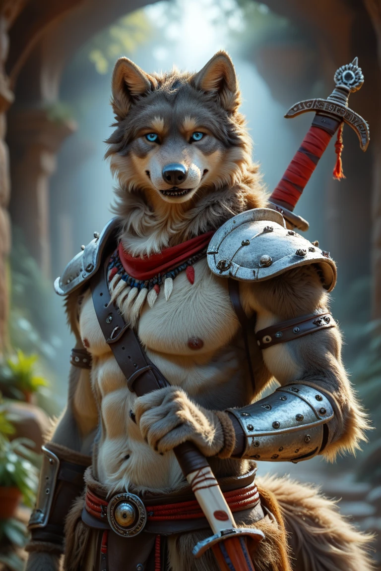 Solo Sexy anthro furry wolf male; ancient Mediterranean desert warrior; slim mesomorph handsome model apperance apperance; boy's messy short hair headband; sexy toned muscules; sword scars; worn out rusty sexy skimpy armament. He has low on hips heavy leather studded heavy belt. he has very old worn out jockstrap (smelly jockstrap fetish); His jockstrap it is made of old white linen material sewn together from a few pieces, it has never been washed, it is dirty and has stains from secretions of dried semen and sweat; His armor is old heavy brown harness with armlets studded with spikes; he has old brown leather BFR Bands on Biceps and his thighs, he has old worn out fingerless leather gloves. His armor is in ruin, it is very very old and dirty, rusted, dirty, old worn out, rusty breastplate. Even though he is a handsome and sexy man, he has a sloppy appearance, has disheveled unwashed dirty fur, dirty body look. he smells, he has stains from old blood, dirst, cum, mud, smelly furr, disgusting bastard looking.he leans sexily against the wall with his legs spread, one hand behind his head, and he takes off his jockstrap swhowing piece of hic dick, licking his lips, horny for sex ; Mediterranean sunny pine forest; he has a proud, threatening and defiant expression on his face, with little dirty dangerous smile;