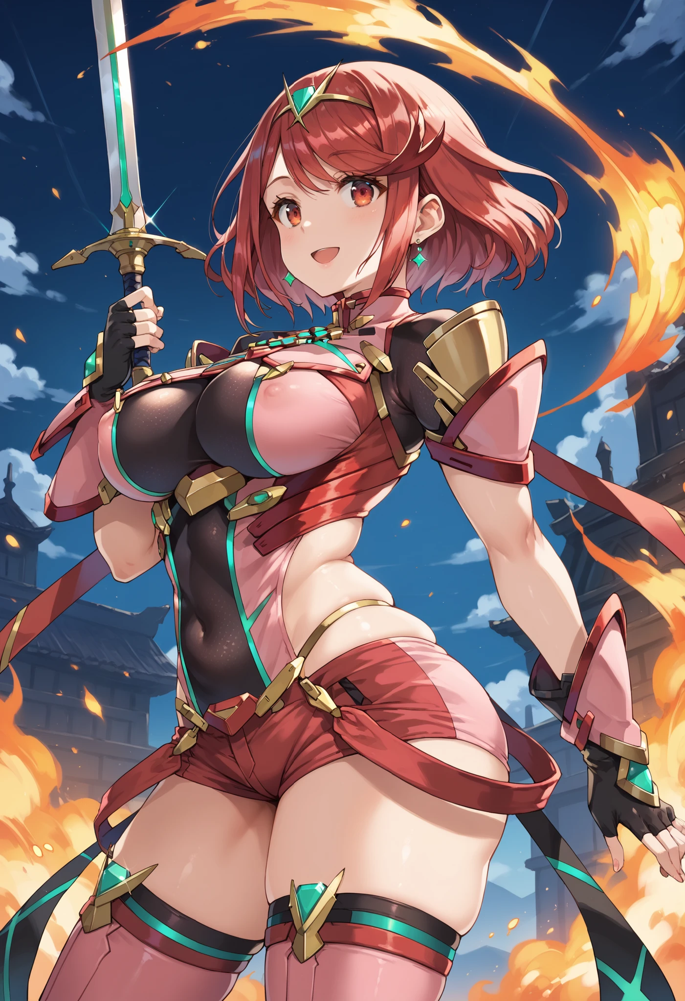 ((Highest quality、masterpiece、anime style、best quality、high resolution、8k、detailed、ultra-detailed:1.3))、Long legs、Sharp focus:1.2, Beautiful woman with perfect figure:1.4、(Smiling:1.2), double eyelid、30-year-old female、Sexy pose、((((Close your mouth、One Woman、movement,Dynamism、Fighting Pose、Bikini armor with blue, red and yellow as the main colors:1.5))))、The background is a futuristic city、long drill hair