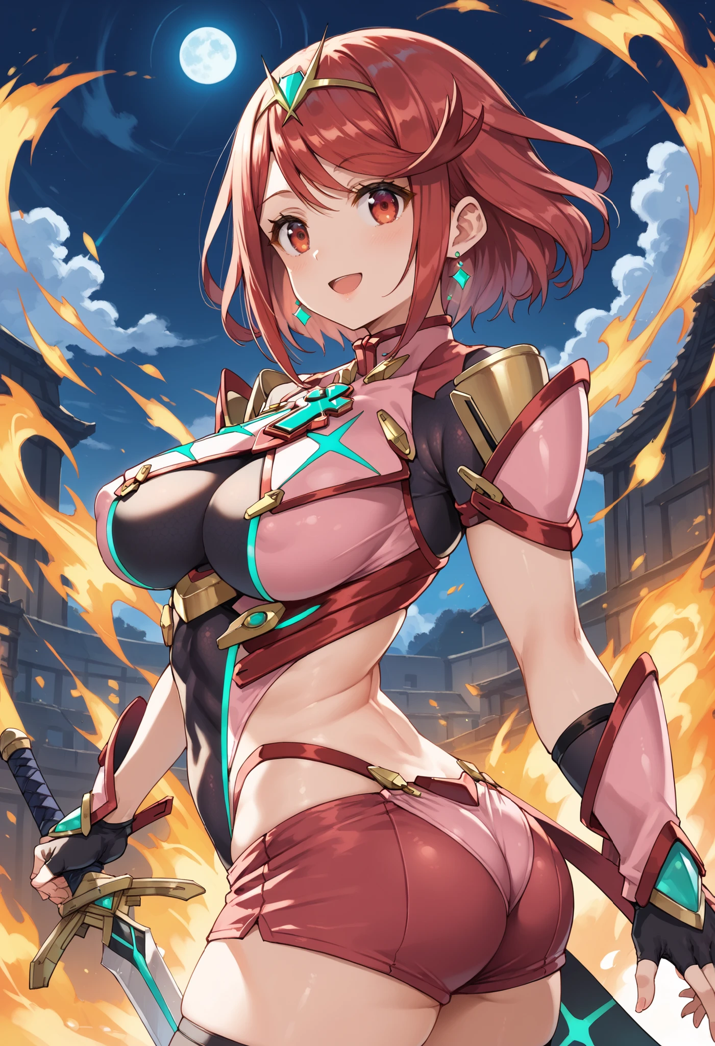 pyra \(xenoblade\), _1girl, armor, bangs, black gloves, breasts, red eyes, closed mouth, earrings, eyelashes, fingerless gloves, floating hair, framed breasts, gem, gloves, hair ornament, headpiece, jewelry, gigantic_breasts, , leotard, neon trim,, pose, red hair, red shorts, saitou masatsugu, short hair, short shorts, short sleeves, shorts, sidelocks, skin tight, solo, standing, swept bangs, thighhighs, tiara, night_prairie_background, turtleneck, underbust, vambraces, xenoblade chronicles \(series\), (xenoblade chronicles 2), apart_legs, fire_effect,dynamic_pose_fighting,light_smile, (plump:1.1), big_ass,huge_sword, hold_huge_sword_hilt, solo, covered_nipples,open_mouth,