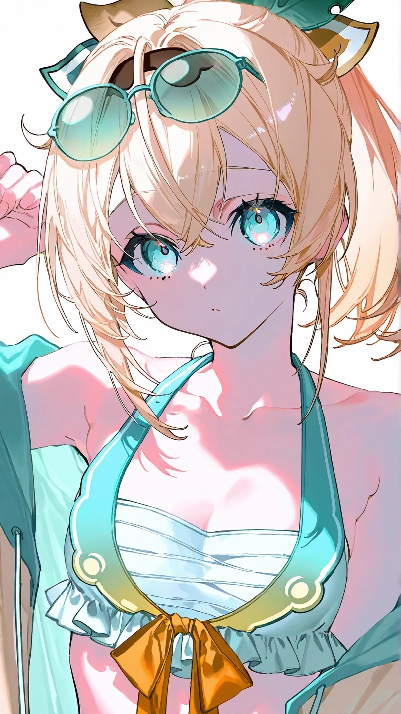 1 girl, vtuber style, cool girl, hololive, Kazama Iroha, Ponytail, blond hair, swimsuit, small chest, cropped shoulders, clavicle, looking at viewer, smile, (whole body), standing,