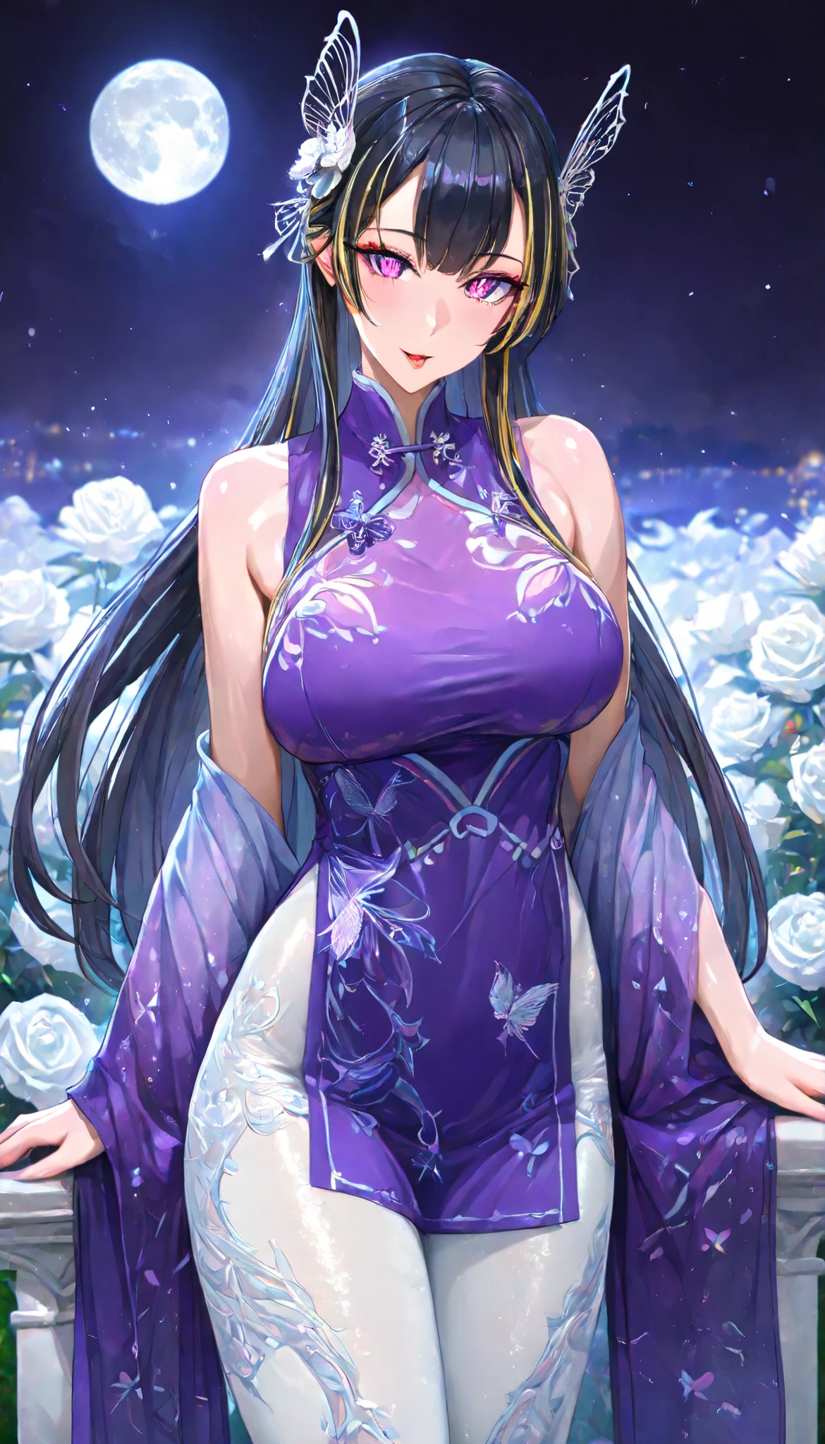 SOLO, A Butterfly Female ,slim body ,Medium oppai, Shiny skin, (multicolored hair, long hair), A pair of Butterfly antennae, purple insect eye,red slit pupils,Wearing A Purple Vibrant Chinese Hanfu with Butterfly characteristics(Sleeveless Cheongsam type),White Silk pantyhose, In the White Rose Garden(Chinese classical garden), butterfly scale powder, Torogao, seductive smile, Outside, Midnight,Full moon, UHD, anatomically correct, masterpiece, textured skin, high details, highres, 1080P, 16k, accurate,Beautiful face, Perfect face, Highly detailed beautiful face and eyes, Attractive face, Detailed face, Delicate facial features, Detailed skin,Cowboy shot