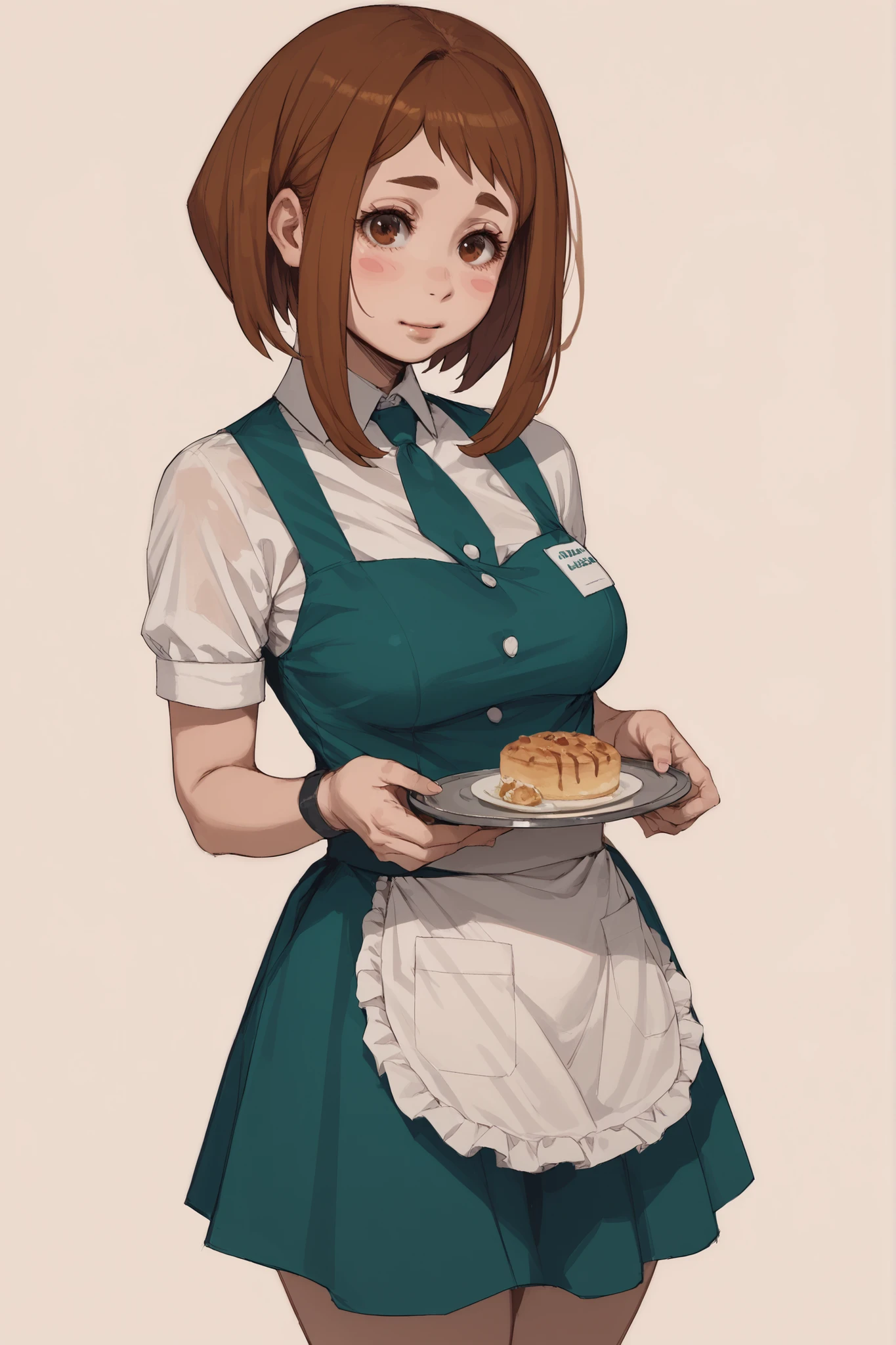 1 girl, Ochako Uraraka, short brown hair, partered bangs, blush, cute face, voluptuous, medium breasts, waitress, Boku no Hero, simple background, fullbody