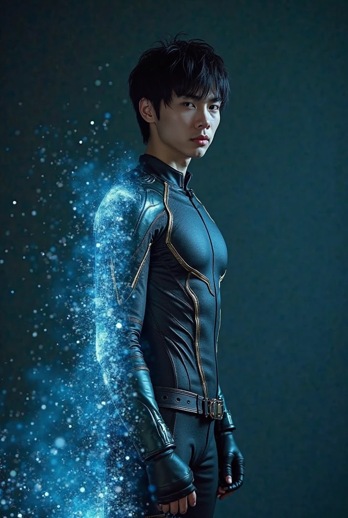 American classic comic book art: Mind Telepathy, handsome delicate ethereal young man, silky black short hair with bangs, tight black and white outfit with white fur collars, pointed ears, black tight leggings, long white gloves, emanating white energy, very young face boy Asian, ethereal male delicate body, Northstar Marvel, big city,butt, thighs, levitating crystals, magic light pink energy, white eyes, focus on face, classic comic book