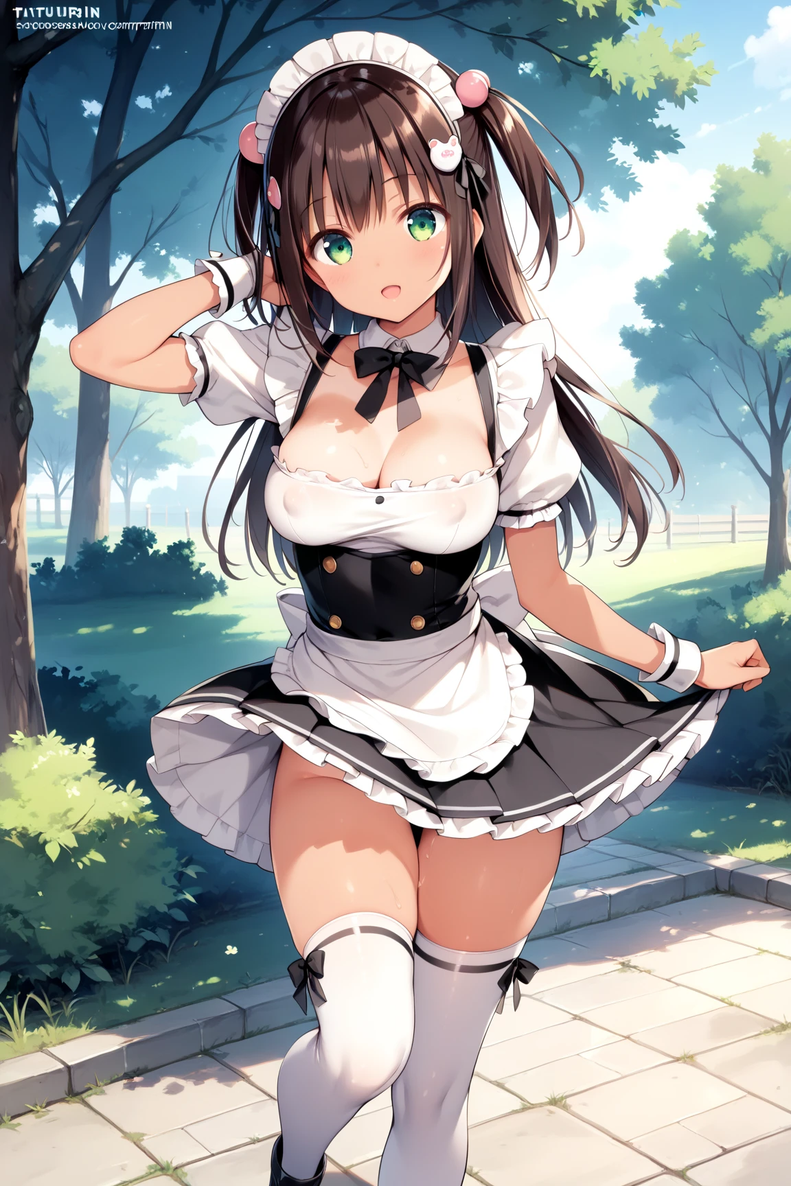 ((highest quality, High resolution, Perfect Pixel, 4K))), 1 female, Beautiful woman、I could see the whole body、apartment、 ((Twin tails, bangs, Brown Hair)), ((Brown eyes, Beautiful eyelashes, Realistic eyes)), ((Detailed face, blush:1.2))、((Smooth texture:0.75, Realistic texture:0.65, Realistic:1.1, Anime CG Style)), Beautiful Anime Women, Beautiful art style, Anime characters,Beautiful and big breasts, Perfect body, Slender body, Beautiful thighs, (Erect nipples:0.95), )((black and white maid outfit、ribbon on collar、Long skirt、garter belt、Knee socks)), Embarrassed smile、Kneel with your knees closed、(Skirt flip:1.2), ((Stylish white satin lace panties:1.3), (White base with black lace panties:0.95)), diagonal side angle, Dynamic Angle, Sexy pose