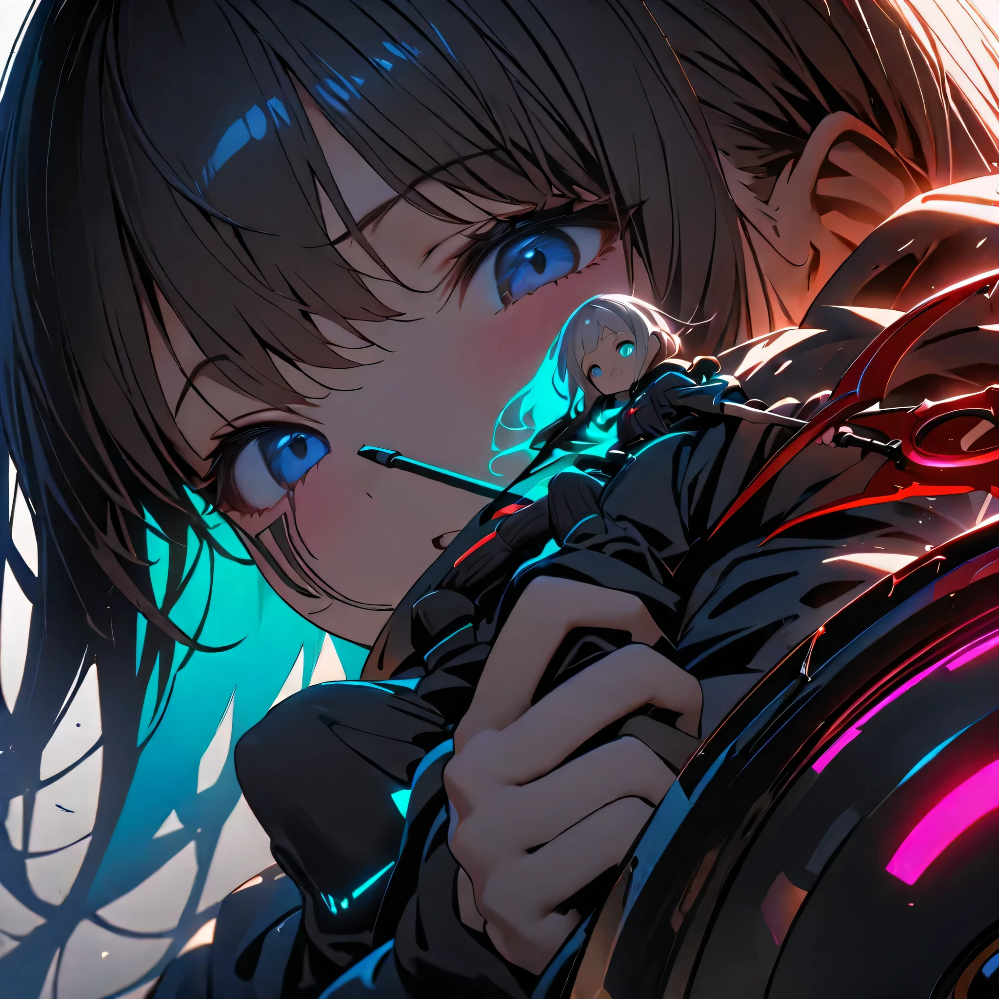 detailed face、best detail、Highest Quality、masterpiece、Super Detail、high precision、detailed silhouette of a minimalistic、 pretty face、Baby Face、cyberpunk girl holding a giant bloody scythe of a machine, flowing , have a giant bloody scythe of the machine,The blade of the sickle has a neon color, a minimalist reflective surface with bokeh、A sickle with detailed rose carvings、 shiny, holding a huge bloody scythe, Soft Gray Background.Neon Color Palette、black light、dynamic、流dynamic、sense of speed、Stand on the glossy, in the hand , Soft white background, Depth, fukabuka hoodie、Hot Pants、leg warmers、thick soled sneakers 、slender figure、