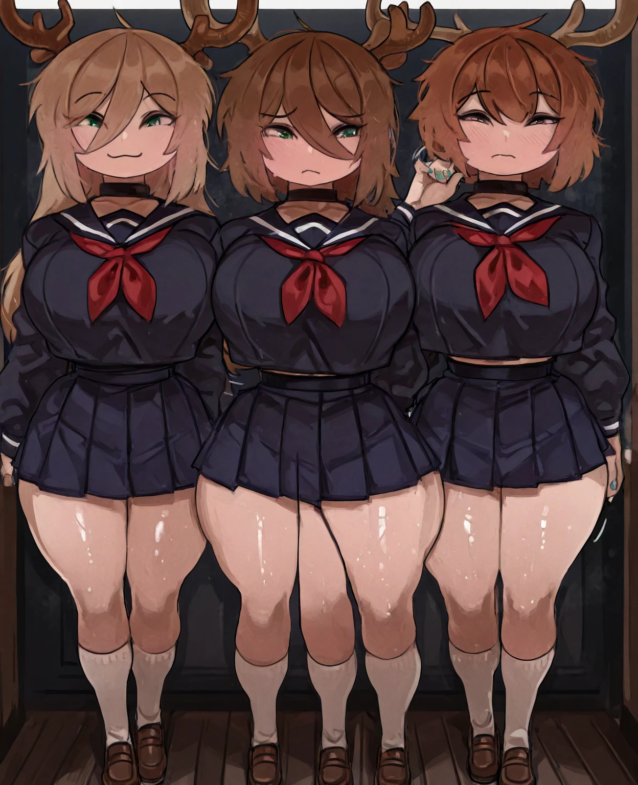Group of old girls(12 people、Black Hair、、Flat Chest)and a 43-year-old female teacher(Brown Hair、adult、Thick)、Frightened expression、Nipples、Pubic hair is visible、Crying face、peace sign、Bow-legged