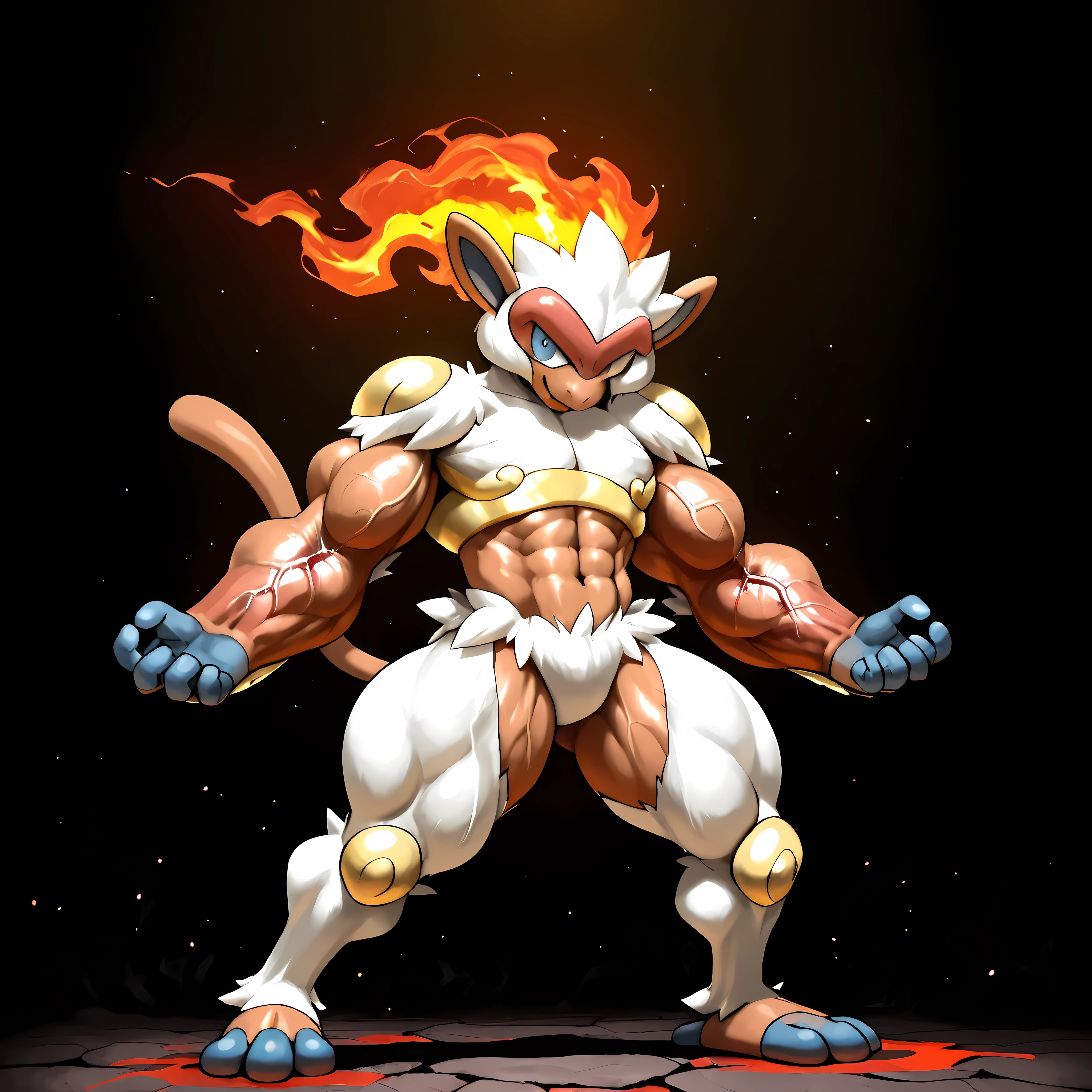 solo, full body, from front, standing, BREAK Infernape(Pokémon), Pokémon(creature),BREAK big eyes, slant eyes, dark blue eyes, looking at viewer, malicious smile, well-featured face, BREAK (Toned body), (Huge and strong body of overwhelming muscularity), bulging muscles, (Very thick arms that swell up with muscle and are surrounded by many blood vessels), (Bulging yet toned abdominal muscles with clearly visible 10+ pack cracks), (Very thick thighs that swell with muscle and are lined with many blood vessels), thick shins bulging with muscles, BREAK Photorealistic style, BREAK Detailed, 8K, sharp focus, vibrant colors, high contrast, BREAK Anime style, In the style of Pokémon, BREAK a hellish scene, surrounded by swirling flames, an aura of pure heat and destruction, an unreal and terrifying atmosphere, shine an ominous light, BREAK natural light, high-key lighting, long shadows, BREAK Masterpiece, Best quality