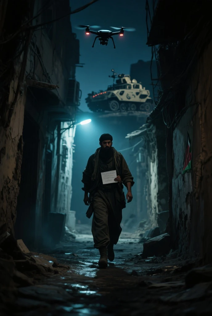 War. The place of hostilities. show the destroyed buildings and a army man showing his back at eving time with alot of smoke