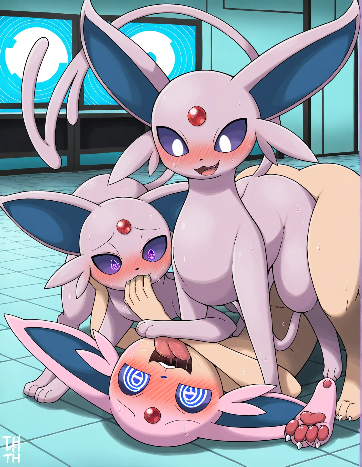 Duo, score_9,score_8_up,score_7_up, source_cartoon, kemono style, (Anthro furry Umbreon female, Umbreon tail), and an (Anthro furry espeon female, espeon tail), tall slender bodies, naked:1.3, human pov, pov footjob, collaborative footjob, viewers cock is between their toes, feet paws, 4 toes