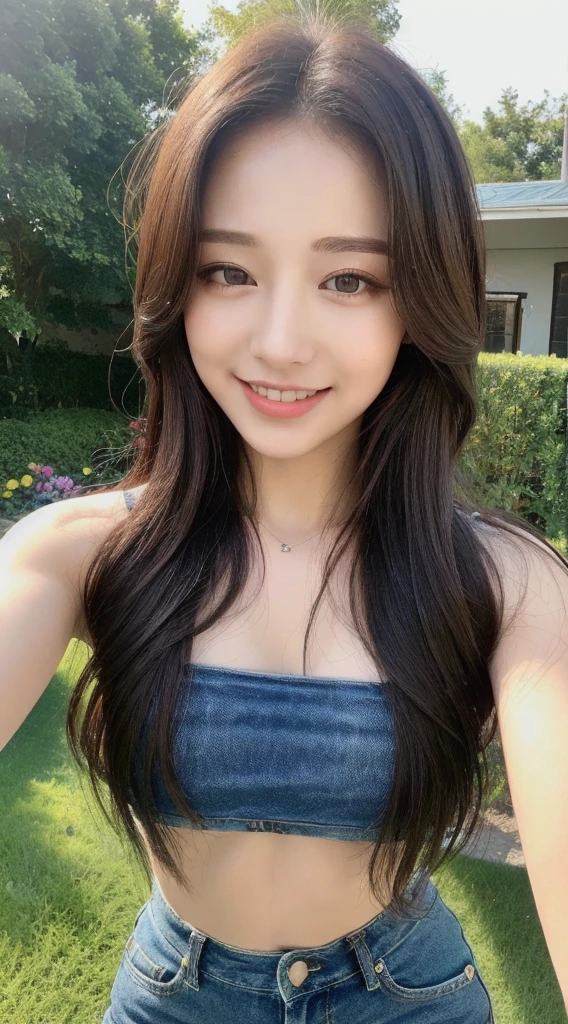 in 8K、high-level image quality、hightquality、hight resolution、femele、big eye、Super Detail Eyes、Hair in super detail、bokeh feeling、Natural makeup、summer、A smile、ssmile、bacchus、In drinking、Delicious food、Snacks、large full breasts、red-lips、Little red cheeks、1 persons、Beautiful nails、nature backdrop、valley、bacchus