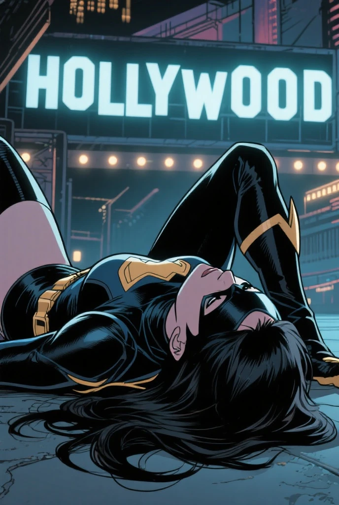 ((marvel comic cover)), young woman, from the front, low angle:1.4, 18yo, provocative position, medium breast, perfect body, narrow waist, wide hips, thigh gap, exposed vagina, nude:1.4, dynamic pose, no panties, rock and roll, glamour makeup, ultra realistic, 8k, high detail