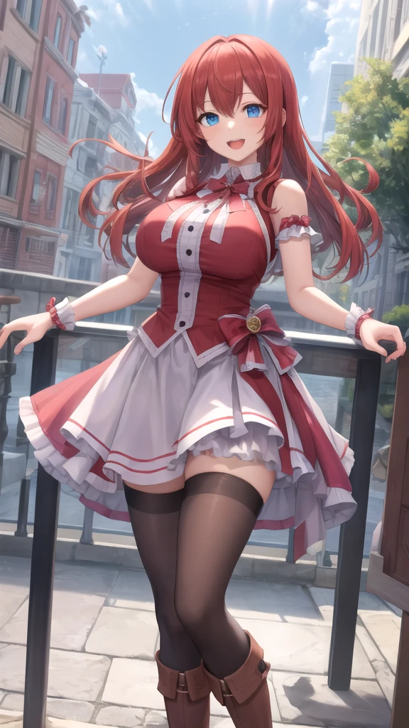 ((masterpiece, best quality, high res, 4k)) beautiful face, detailed face, ultra-detailed, warehouse, (SxDol, wide hips, (no pupils), !?, doll_joints, joints) 1 girl, full body, solo, Emma Barnes from web serial Worm, (red hair), brown eyes, (red frilly magical girl dress, layered skirt, showgirl skirt, high heels), massive breasts,