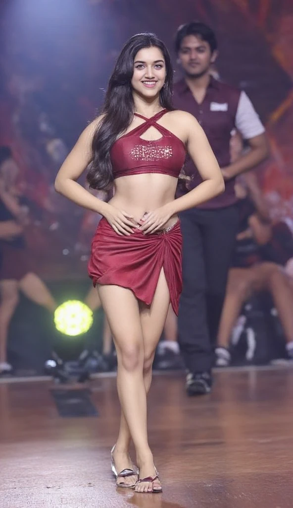 a smiling Lauren Jauregui in a short skirt and red heels, teenage schoolgirl