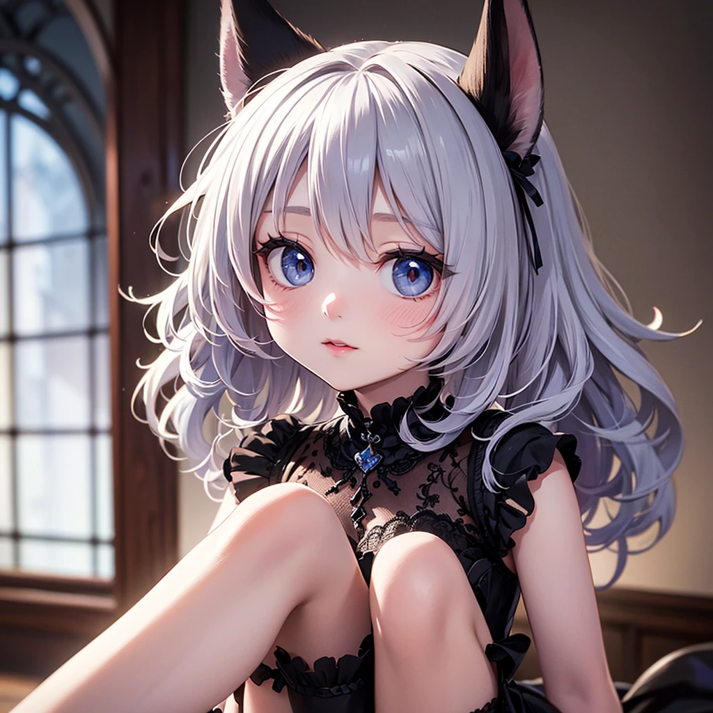 silver hair, dog ears,frill dress,wavy hair,delicate features quiet gaze,beautiful half body illustration,beautiful backgraund,atmospheric lighting,sharp focus,cute face,reduce saturation,fine detailed face,small nose and mouth,volumetric top lighting,bold line painting, soft shadow,1girl,solo,female focus,small breasts,flat ,ta,short height,skinny girl,blue eyes,open legs,animal ears,
