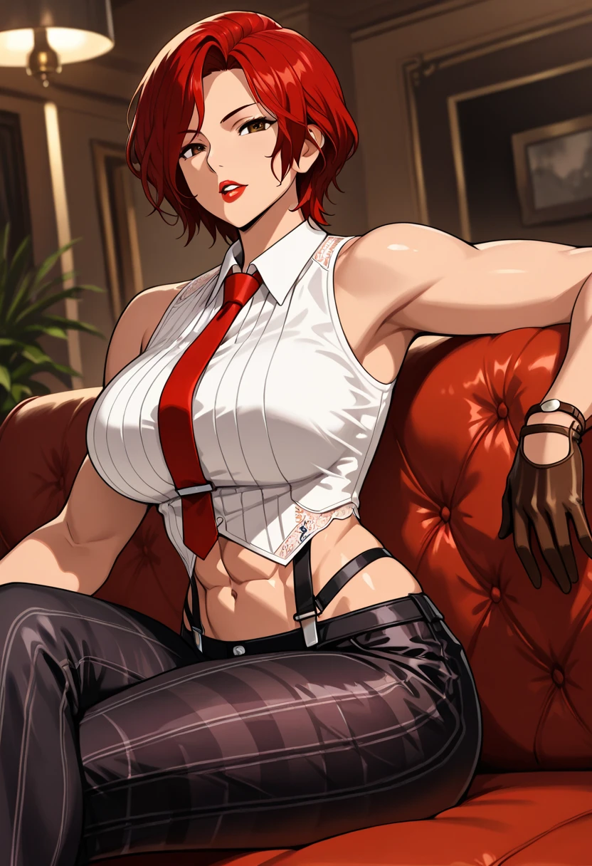 1 girl, red hair, ((muscular body)), big breasts, thicck tights, wearing military outfit, Wearing an eye patch on the left side, Shaved hair on the left side