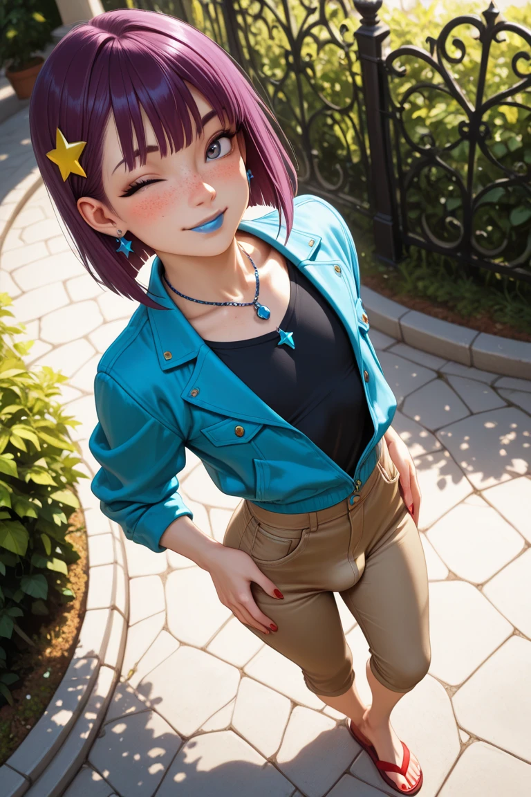 nojiko from anime one piece, short hair, blue hair, beautiful, beautiful woman, wears earrings, wears a watch on her left hand, perfect body, stands, wears a yellow formal shirt, wears a blue formal suit, blue pants, wears clothes formal, looking at the audience, smiling, being in the city of Tokyo, being on the side of the road, in a public place