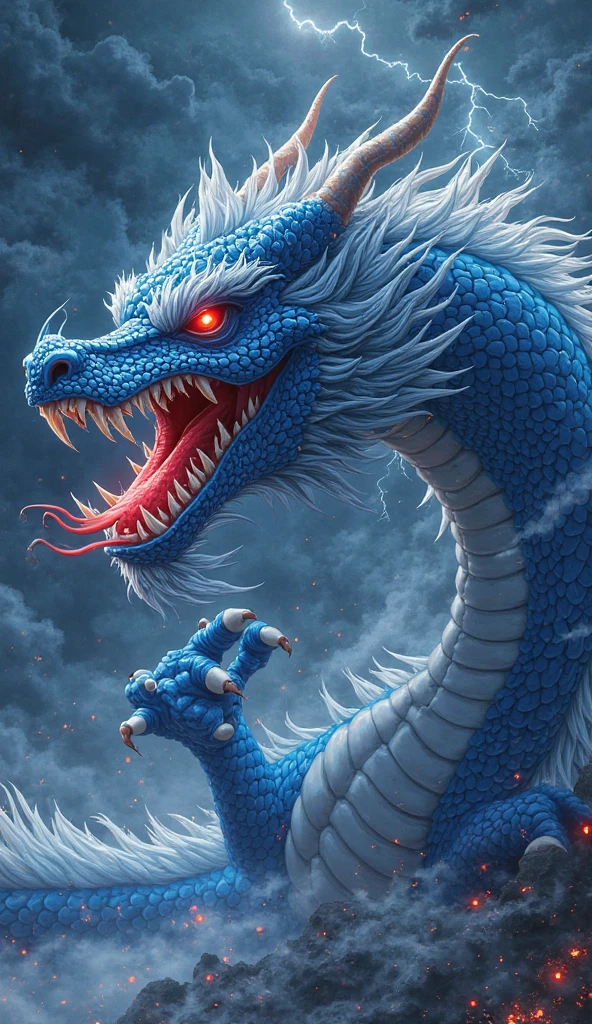 Chinese style blue dragon,Background volcano,fighting stance,fierce,like a fighter