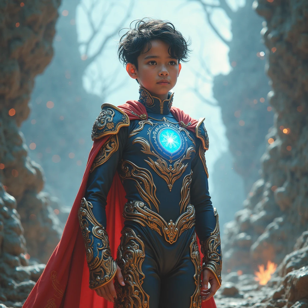 Shota with an imposing presence. His half-naked armor, forged from obsidian and gold, clings to his sinewy frame. Red gemstones blaze like malevolent eyes across his chestplate. A circlet rests upon his brow, marking him as both ruler and tyrant. His cape, crimson as spilled blood, billows behind him—a dark banner of conquest.