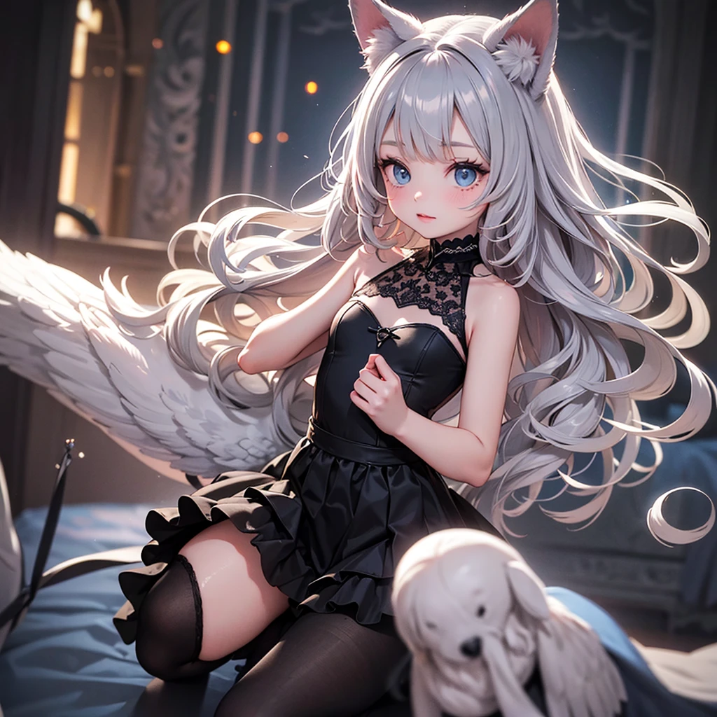 silver hair, dog ears, white dress,wavy hair,delicate features quiet gaze,beautiful half body illustration,beautiful backgraund,atmospheric lighting,sharp focus,vlumetric lighting,cute face,reduce saturation,fine detailed face,small nose and mouth,volumetric top lighting,bold line painting, soft shadow,((masterpiece, best quality)), (1girl), (solo), (female focus),small breasts,flat tits,ta,short height,skinny girl,blue eyes,open legs,animal ears,