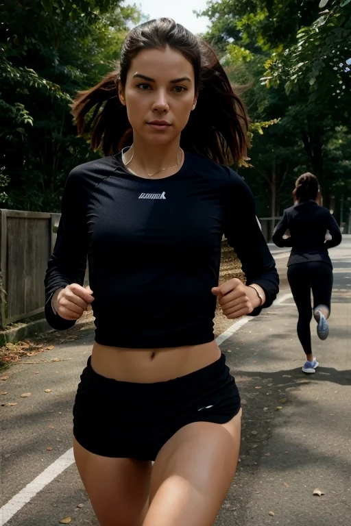 big breasts, medium ass, brunette, long hair, running clothes running shorts, walking in the forest