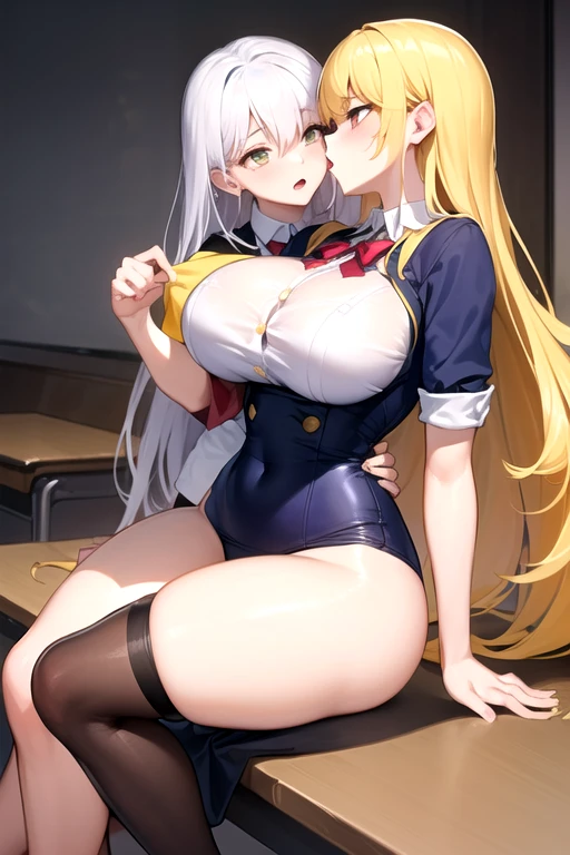 ((Tabletop, Highest quality, High resolution, Hmph, Pixel Perfect, 4K, Hmph, Hmph))),((1 male,1 female:1.6)),((Sexual intercourse between a man and a woman:1.6)),(There is also a man in the photo:1.6), beauty、The whole body is visible、 ((Mid-wave hair, bangs, blonde)), ((Brown eyes, Beautiful eyelashes, Heart Eyes)), ((Detailed face, Smiling excited face:1.2)), ((Smooth texture:0.75, Realistic texture:0.65, Realistic:1.1, Anime CG Style)), (Big Breasts:1.5), Dynamic Angle, Perfect body, ((uniform,White shirt, Black Skirt, Check skirt)), classroom,Open your mouth in amazement、 looked back、Leaning forward、(She lifted her skirt with her hands、Exposed her buttocks。........................、Stick your butt out、Touch your buttocks with both hands、No pants:1.2)、(Big Ass:1.5),(Stick your butt out:1.5),((urination:1.5)),(Wet pussy),(Spread your ass with your hands:1.6),(Squat:1.3),(White knee-high socks:1.2),(Brown Loafers),(plump:1.3),(Spread your legs:1.3),(Insert your penis:1.6),(vapor:1.3),(Sex on top of a man:1.7),(Man's penis:1.5)