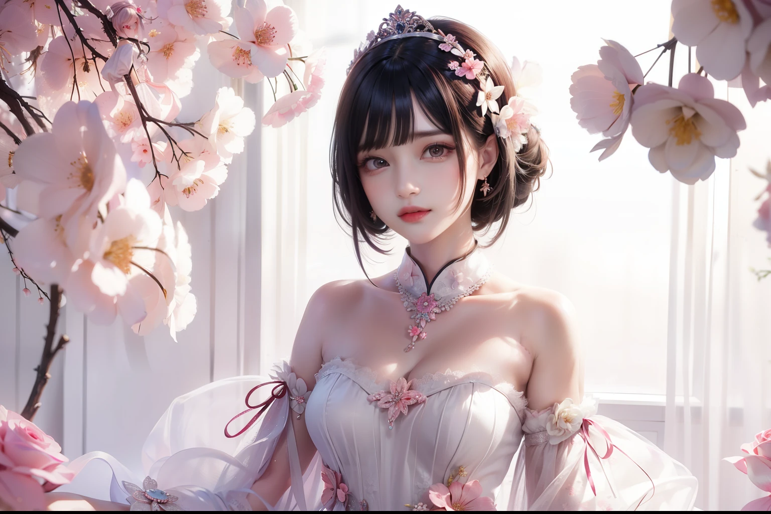 8k,Confused, High resolution, Very detailed, 1 girl, alone, Very beautiful eyes, Ultra-precise depiction, artistic、Very detailed depiction, (Tangled:1.2), , (White high key background:1.5), (((Pink dress with white floral pattern 1.5))), 、 short hair、Loose wavy hair、Earrings and Necklaces、Brown Hair, (Glowing Skin), Many colors, , (Shooting from above:1.2),、Flat Body、slim、cute、、Round face、Cast a Shadow、、Smile 1.3、(((Place both hands on chest 1.4)))、