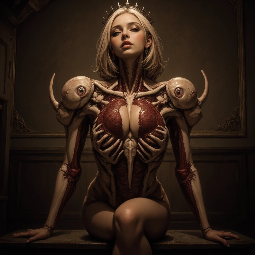 best quality,4k,8k,highres,masterpiece:1.2,ultra-detailed,realistic:1.37,HDR,UHD,studio lighting,ultra-fine painting,sharp focus,physically-based rendering,extreme detail description,professional,art nouveau,tarot card style, dynamic angle, action shot, two characters,female alien,(creatures from outer space),(GirlfriendMix2:1),(A female alien is resurrecting a creature from the dead:1.6), (raising the undead), (she is infusing energy into the creature's corpse:1.37), red energy lines,(multiple blood strings floats around the environment flowing into the creature's corpse), fractalized, (wearing a biological exoskeleton),concept art inspired by moebius,alien flora,(exotic alien flora background with ruby crystals),vivid colors,olive and pale red hues,trending on cgsociety,landscape,(horror),sci-fi,Yoshitaka Amano style,concept artists,bright and vibrant colors,dreamy lighting