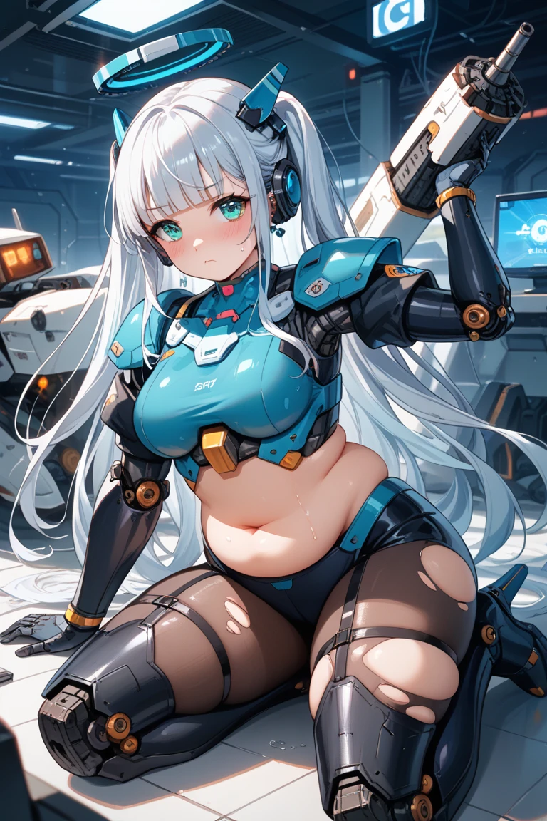 top-quality、Top image quality、​masterpiece、Mecha Girl((18year old、Mechanical parts for both hands and feet、Robot joints,Black tights,Bust 100、silber hair、close to viewer、gazing at viewer、Chest energy、Breasts wide open,Large valleys、Reaching out、iridescent eyes、Shy face、Dye cheeks)）hiquality、depth of fields、Background with((Mechanic World))、Depth((planet earth))