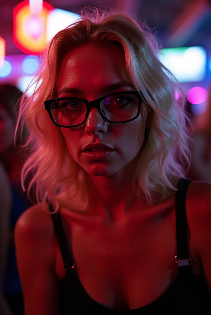 very sexy and very wet and sweaty lilly collins as blonde with underwear glasses with a very seductive stare with lightly open mouth appealing for a blowjob at night with blue and red neon lights