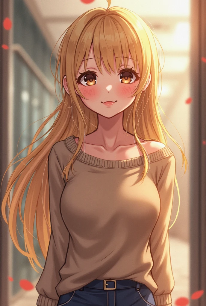 (best quality:1.5, highres, UHD, 4K, detailed lighting, shaders), gold wavy hair, gradient hair, large breasts, black shirt, skirt jeans, mature woman , red Witcher hat, (pov), white background, colorful red eyeshadow, dramatic lighting, smile eyepression, golden earrings, flowing hair, delicate facial features, soft skin, high cheekbones, white background, stand up, lean forward, full body