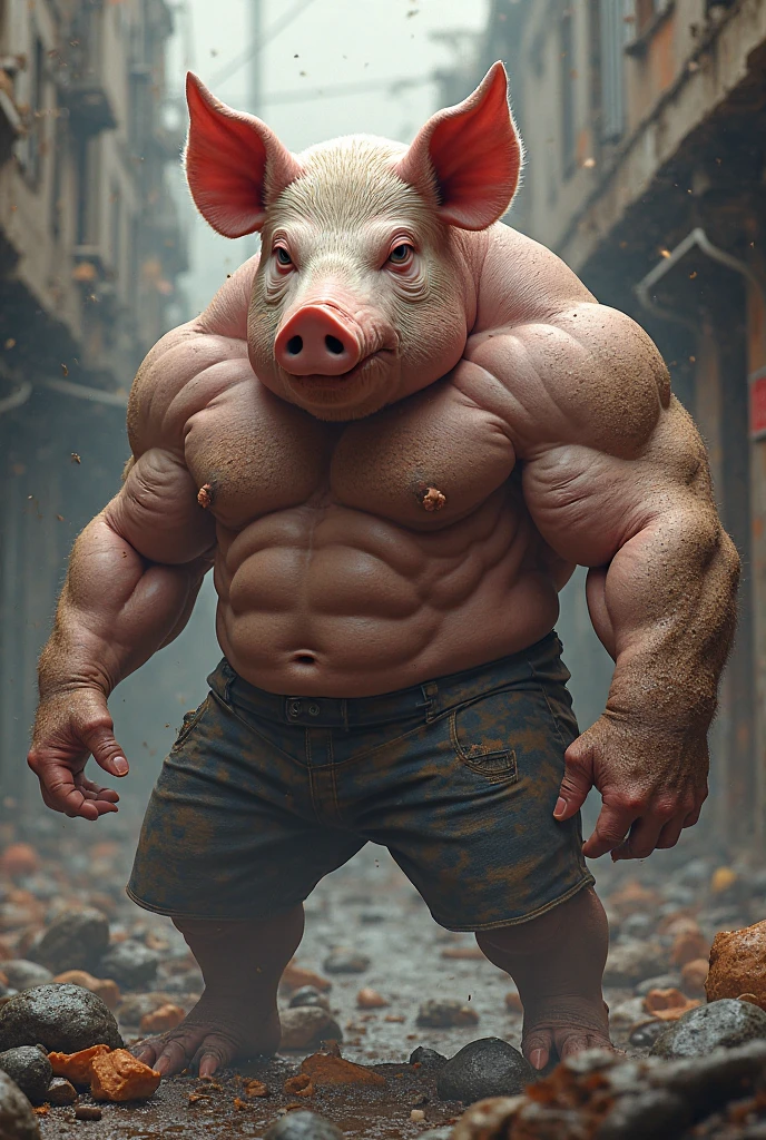 Aggressive defined muscular pig with arms crossed looking forward cartoon