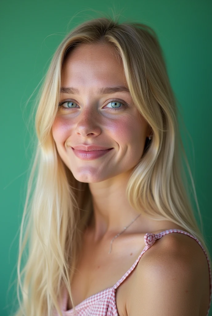 Green screen background, Straight haired blonde girl, with light blue eyes, the girl is blushing, is smiling in love, and with her pupils in the shape of a heart, the girl with pale skin and a lot of pechonality and is on her side
