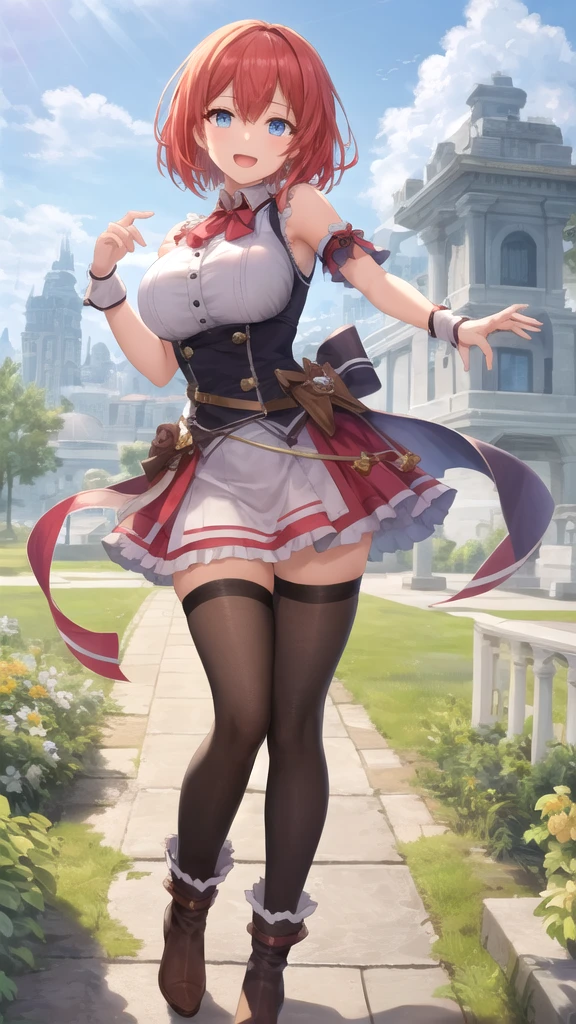 Elysia LoRa, woman character, face detailed, wonderful, white shirt, black skirt, short skirt, suspenders, headband, elf ear, super model stance(body), super detailed, fitness, epic, medieval city landscape. Wallpaper.