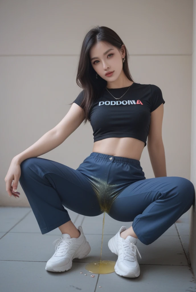 (pp clothes), from forehead, Indonesia school girl, waiting in line, front toilet door, peeing jeans