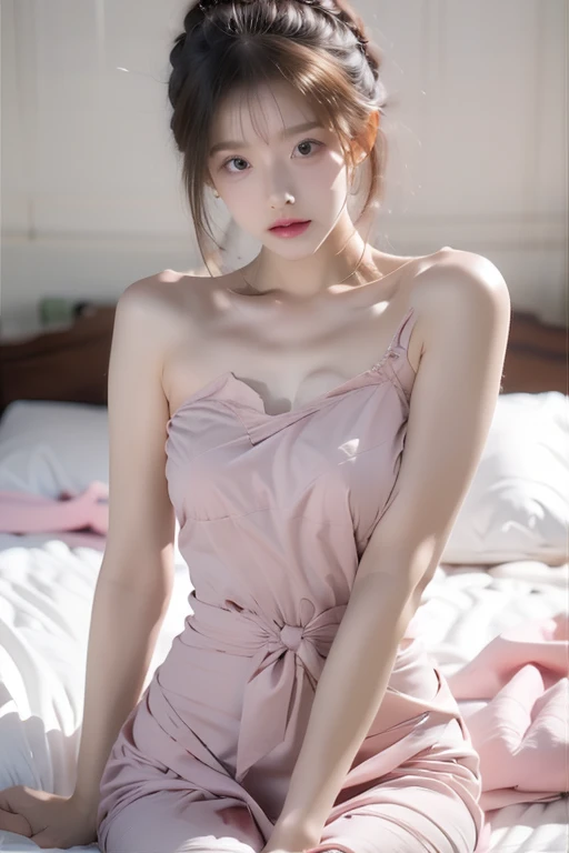 (Real: 1.5, Tabletop: 1.5, 8k), (Top Quality, Masterpiece, Ultra High Resolution), Perfect Dynamic Composition, Professional Camera Work: 1.4, Highly Detailed Skin and Face Texture: 1.3, Mysterious Portrait: 1.3, Glow Light Effect, Ultra Detailed, Alone Girl, ((Night View from Inside a Building, Pitch Black Room: 0.9, Night Moonlight Shines Through the Glass)), ((Pale Pink Nightgown)), Model Body, Clear Face, (Beautiful and Attractive Eyes: 0.9, Dreamy Expression: 1.0, I Love You From the Bottom of My Heart: 0.8, Beautiful Erotic Taste: 0.7), (Wet Dark Brown Bob Cut), Candle, Large Breasts, Necklace, (Sitting on Bed, Sitting Cross-legged), ((Attractive Functional)), Bed, Bedroom, Covered Nipples, ((Blushing:1.37)), No Panties, No Bra