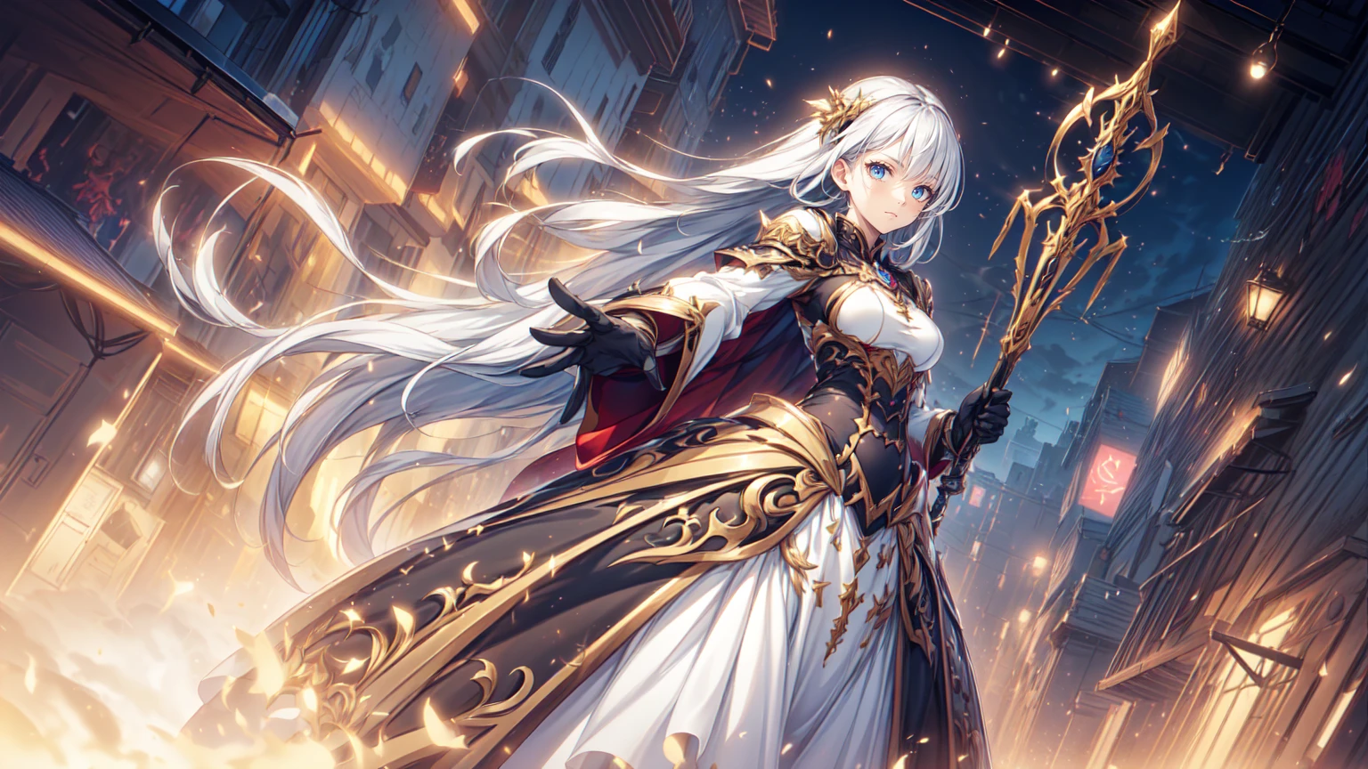 (((masterpiece, best quality, high detailed, 4k))) Design a layout showcase Gaming character, (1girl). Purple|Black clothes, stylish and unique. ((showcase weapon:1.4)), holy majestic spear. (luminous lighting, atmospheric lighting). arcane elf, ((glove full hands)), revealing clothes, vambraces, armored legwear, full body shot. {In a mystical library}. (zentangle, mandala, fractal art:1.3), maxiskirt, dress conservatively, (elf:1.2), solo, full body, wide shot, standing with white boots, holding spear down, blunt bangs, hair between eyes, white hair, golden eyes, long hair, elf ears, Valkyrie white armor, angel, chest protector, side bang, looking at viewer, dynamic pose, art style by Artgerm, by Kawacy, by Wadim Kashin, BREAK, eyelashes, eyeshadow, pink eyeshadow.