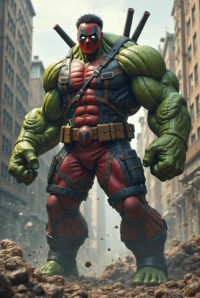 Imagine Hulk wear Deadpool Costume in Side Hospital, Wide Angle View, full shirt doctor clothes