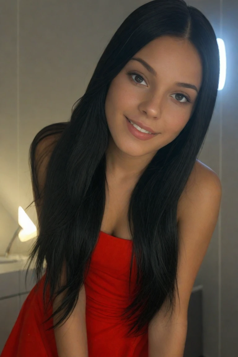 Everything is of the highest quality and、The details are very well drawn、It's super realistic as pictured. The female is about 17 years old. Angle from the bottom. The length of the hair is medium and straight. Her hair color is black. Her expression is smiling. She has big breasts. She wears a red camisole top, Black Miniskirt Bottoms, And pump with her feet.