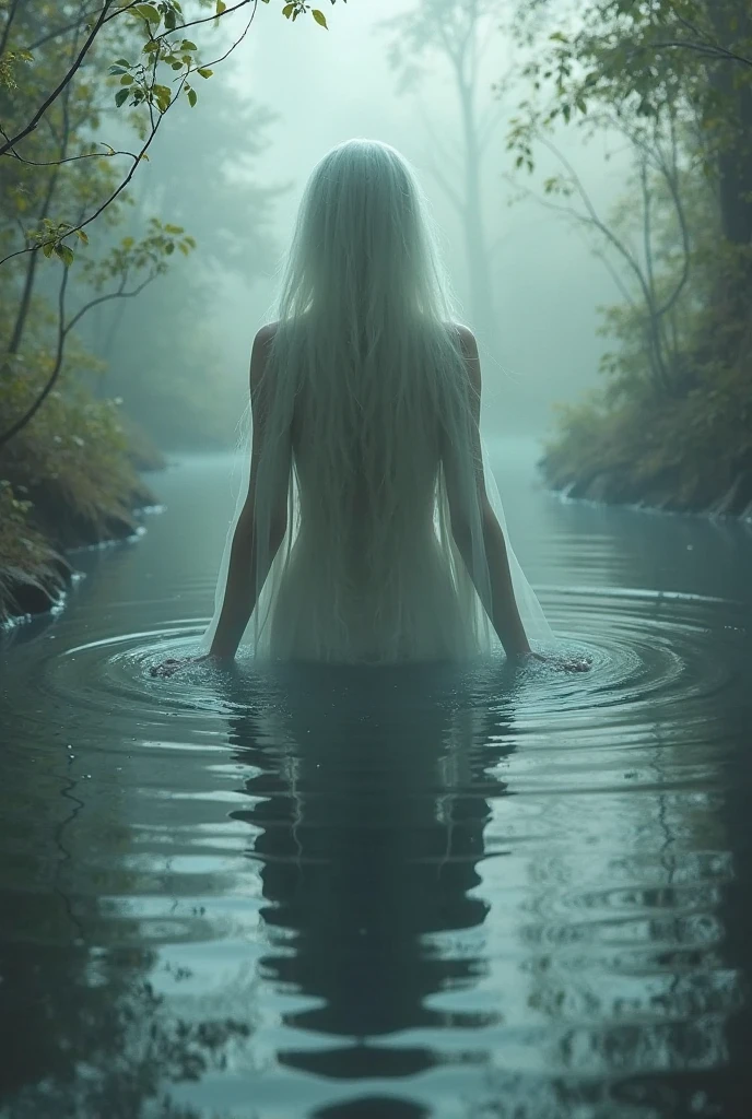 Thin adult woman standing in a swamp her legs are spread apart, very long white hair that goes down to the water, the swamp water is dirty and goes halfway up the woman's shins, she is very sexy, has big breasts and very large nipples, she is naked with only a few jewels and adorn her body, in the background we see a dark forest, there are giant trees and megalithic ruins, a destroyed stone staircase, there is a lot of fog, the woman is wet., ((best quality)), ((masterpiece)), (high-resolution:1.2)