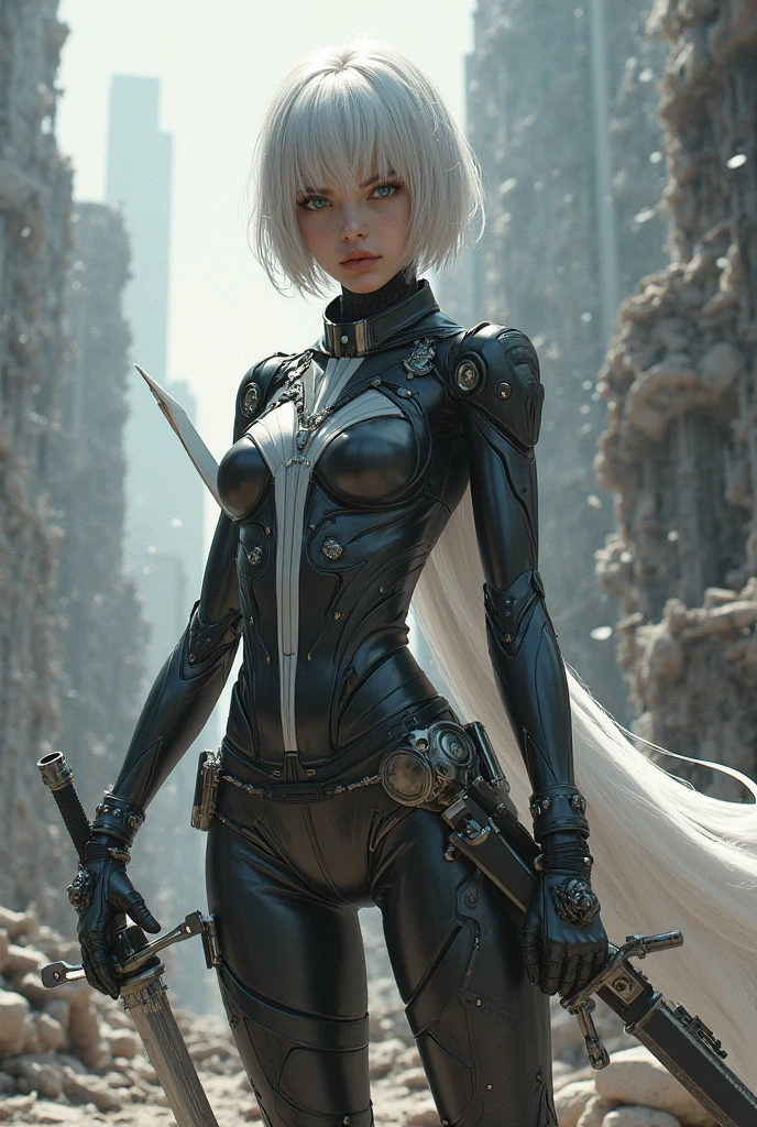 Sexy female werewolf, full body, furry body, muscle body, white hair, split ponytail, halo, flower on head, aqua eyes, heart-shaped eyes, pointy ears, grin, crazy, Pixar, high detail, backlighting, ray tracing, depth of field, close-up, bokeh, Canon, UHD, high details, anatomically correct, super detail, 8k, best quality