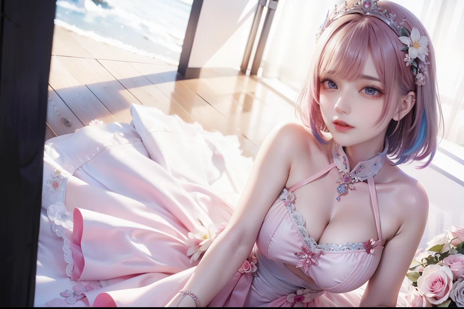 Girl, silver and pink uniform, pink hair, wear tiara, wear glove, detailed hand, round face, detailed face, parted lips, picture form top to knee, sexy pose, big chest, look at camera, camera from top to bottom, detailed, photorealistic, best quality, night sky background