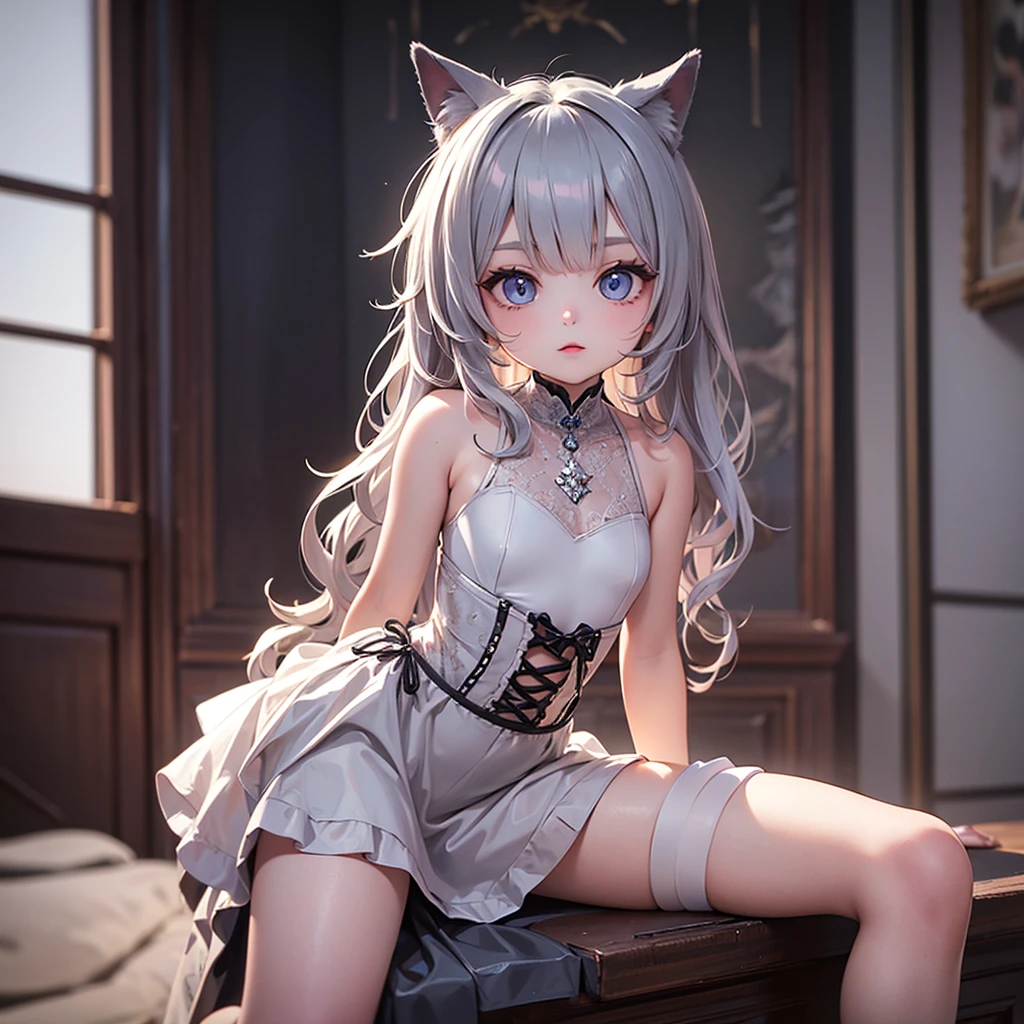 silver hair, dog ears, white dress,wavy hair,delicate features quiet gaze,beautiful half body illustration,beautiful backgraund,atmospheric lighting,sharp focus,vlumetric lighting,cute face,reduce saturation,fine detailed face,small nose and mouth,volumetric top lighting,bold line painting, soft shadow,((masterpiece, best quality)), (1girl), (solo), (female focus),small breasts,flat tits,Lolita,short height,skinny girl,blue eyes,open legs,animal ears,

