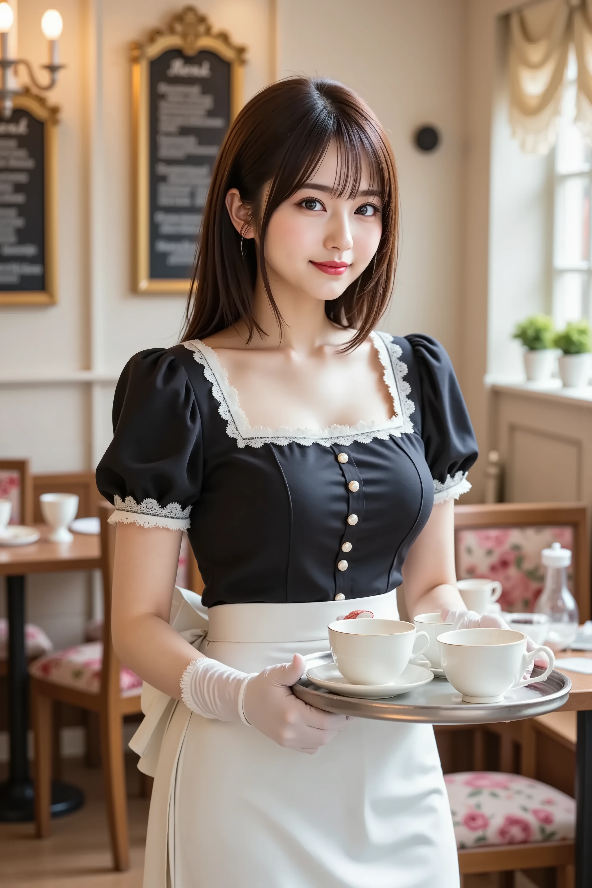 firm and big breasts, cleavage, A realistic photographic composition framed from just below the shoulders of a female server standing in a maid café interior, ensuring her entire head is fully visible within the frame without any cropping. She holds a polished round silver serving tray with porcelain teacups, a teapot, and a plate of macarons balanced on her gloved left hand. The subject wears a tailored black cotton blend dress with a square neckline trimmed with white lace, short puffed sleeves edged with lace, and a line of small fabric-covered buttons down the front. A crisp white apron with frilled straps crosses at the back and ties in a bow at the waist, its skirt portion falling just below the bottom of the frame. A detachable lace collar fastened by a pearl button rests at the nape, and white latex gloves cover her hands. Warm ambient lighting from vintage chandeliers and wall sconces casts gentle highlights on ceramic and fabric surfaces. Behind her, the café background features pastel walls adorned with framed chalkboard menus in elegant script, wooden tables and chairs with floral seat cushions, glass display cases with colorful pastries, decorative fabric bunting strung from ceiling beams, a vintage cash register on a wooden counter, small potted plants on shelves, and lace curtains at windows, all softly blurred by a shallow depth of field created with an 85 mm equivalent prime lens at f/2.2 on a full-frame sensor, producing smooth circular bokeh. The décor blends Victorian-inspired ornamentation and modern cozy accents. The color balance is neutral with accurate white point calibration, faithfully rendering black, white, and pastel tones while preserving natural skin tones and metallic tray sheen. just below the shoulders