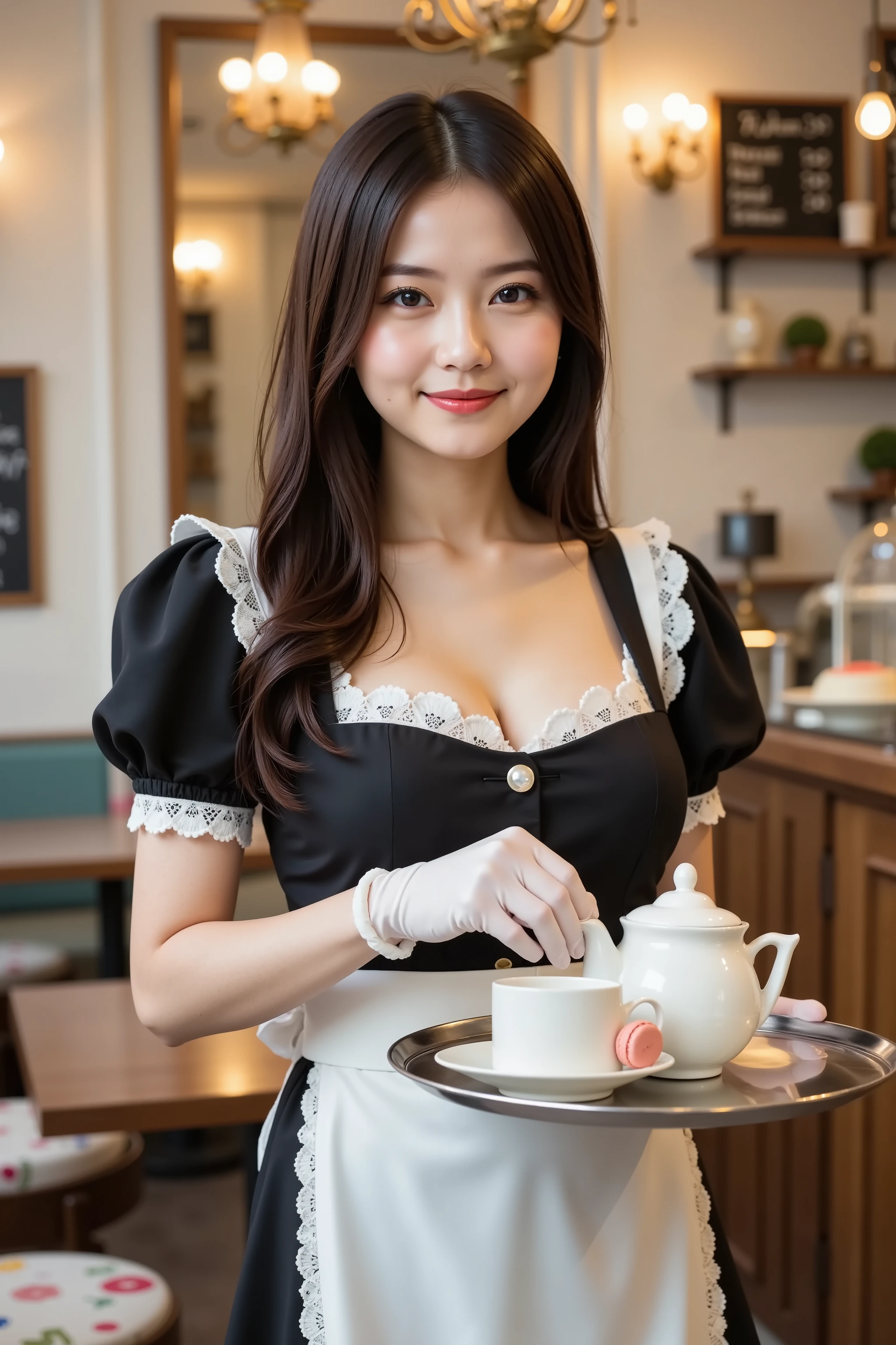 firm and big breasts, cleavage, A realistic photographic composition framed from just below the shoulders of a female server standing in a maid café interior, ensuring her entire head is fully visible within the frame without any cropping. She holds a polished round silver serving tray with porcelain teacups, a teapot, and a plate of macarons balanced on her gloved left hand. The subject wears a tailored black cotton blend dress with a square neckline trimmed with white lace, short puffed sleeves edged with lace, and a line of small fabric-covered buttons down the front. A crisp white apron with frilled straps crosses at the back and ties in a bow at the waist, its skirt portion falling just below the bottom of the frame. A detachable lace collar fastened by a pearl button rests at the nape, and white latex gloves cover her hands. Warm ambient lighting from vintage chandeliers and wall sconces casts gentle highlights on ceramic and fabric surfaces. Behind her, the café background features pastel walls adorned with framed chalkboard menus in elegant script, wooden tables and chairs with floral seat cushions, glass display cases with colorful pastries, decorative fabric bunting strung from ceiling beams, a vintage cash register on a wooden counter, small potted plants on shelves, and lace curtains at windows, all softly blurred by a shallow depth of field created with an 85 mm equivalent prime lens at f/2.2 on a full-frame sensor, producing smooth circular bokeh. The décor blends Victorian-inspired ornamentation and modern cozy accents. The color balance is neutral with accurate white point calibration, faithfully rendering black, white, and pastel tones while preserving natural skin tones and metallic tray sheen. just below the shoulders