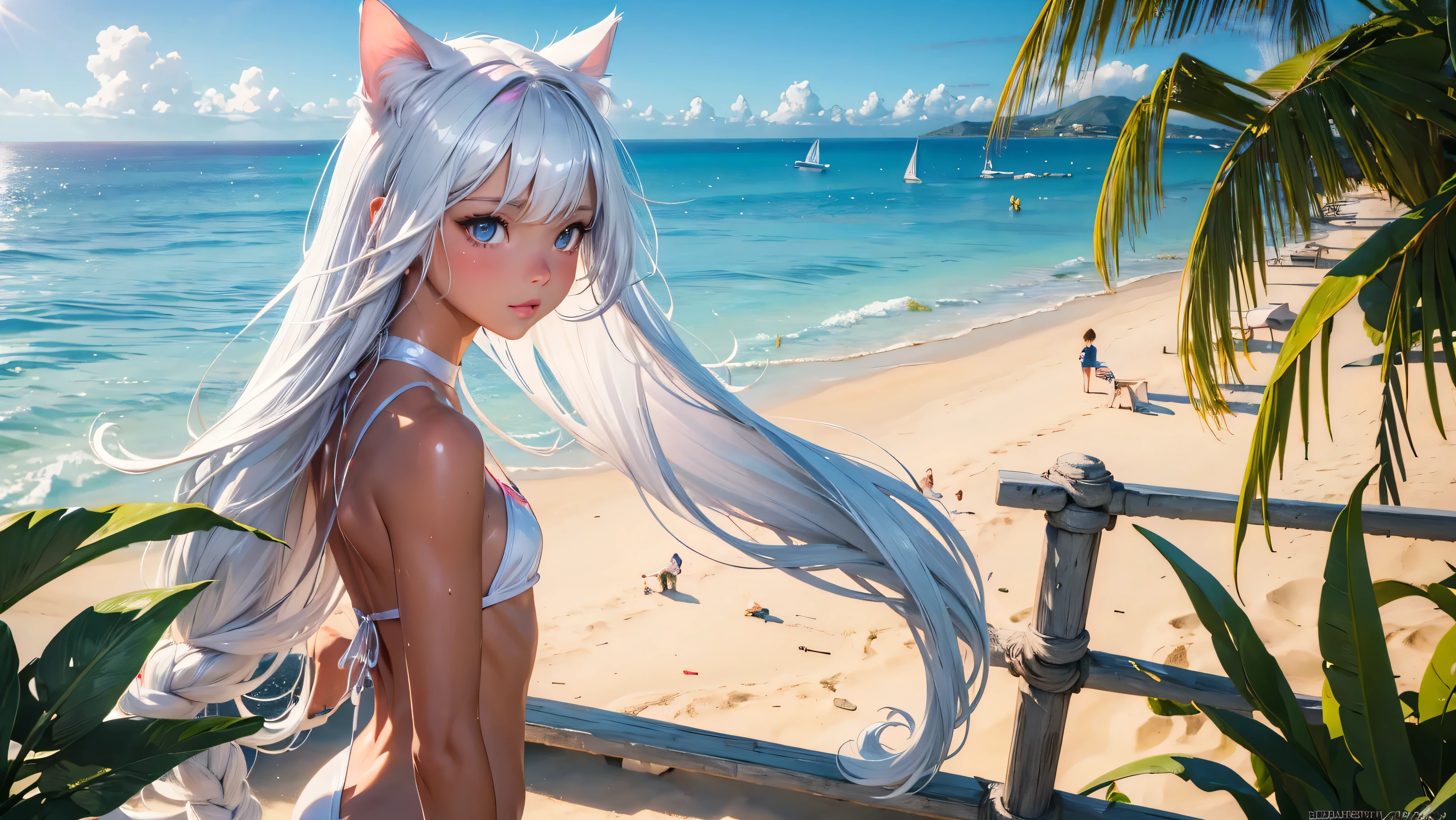 Beautiful Cat girl walking a tropical beach, (High resolution, upper body, shiny skin, My skin:1.2), (best illustration, masterpiece:1.2), super detailed, [(cat ears, white inside :1.2, white long hair), bright colors, sharp focus, portrait, beach lighting, outdoor swimsuit, beach background, hands touch her chest, medium chest, wet skin,