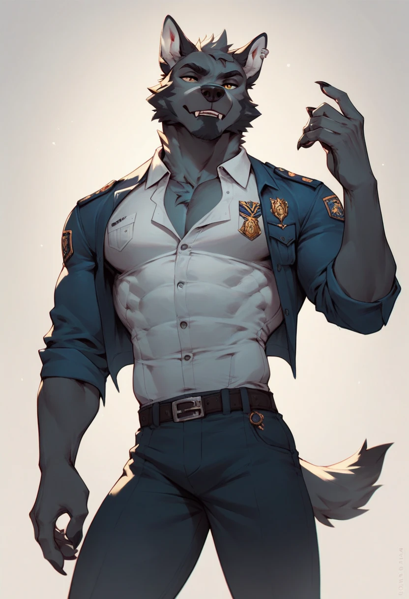 fluffy, ultra-clear, 16k, full-body portrait, full-body close-up, clear face, delicate eyes, solitary focus, subject gray, canine, big dog, wolf, male, teenager, student, high school student, sports student, young, tough guy, silver-gray hair, golden eyes, eyes as bright as the sun, tall and strong, whole body muscles, large pectoral muscles, 8-pack abs, powerful biceps, thick tail, thick arms, wide palms, wide and thick wolf claws, wide and thick animal feet, wide and thick wolf feet, Sharp animal claws, sharp wolf claws, perfect body proportions, handsome, cute, cool, youthful, indifferent, sunny looks, strong body, young face, sexy, aggressive, hormonal, half-naked, no clothes, no shirt, shirtless, briefs, barefoot, no shoes, cold, indifferent, poker face, standing, upright, hands in pockets, looking at the audience, erection, seduction