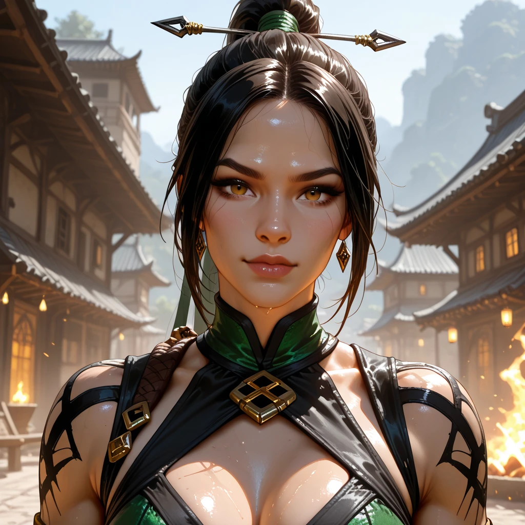 arafed woman in a green dress with a sword and a sword, ornate korean polearm behind her, unreal engine render + a goddess, korean mmo, inspired by Lam Qua, fierce expression 4k, female character, elven character with smirk, warrior outfit, inspired by Li Mei-shu, 4 k detail fantasy, 8 k character details