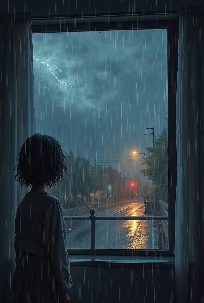 It was raining in the sky, and the child was in the rain with his head up