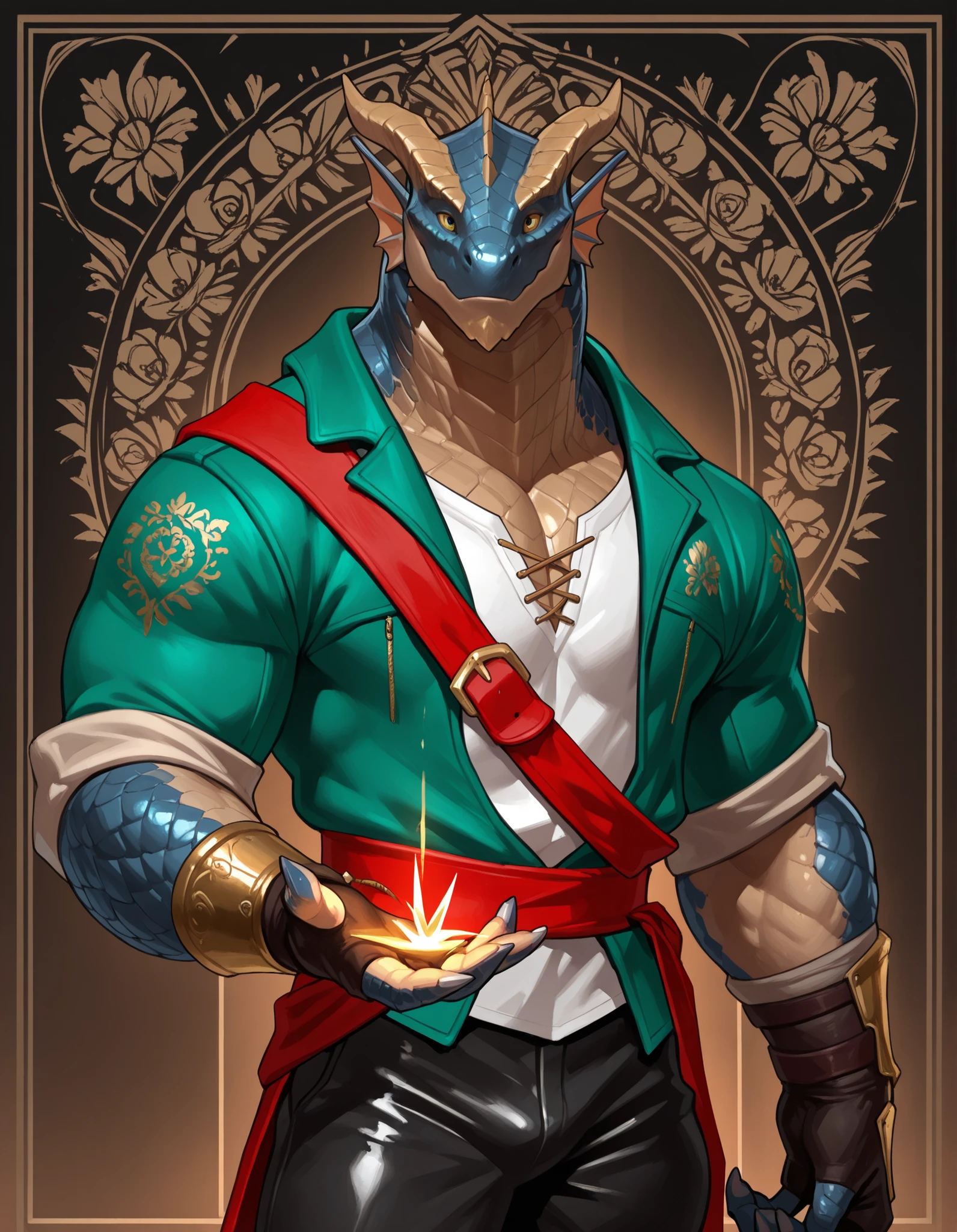 Anthro male dragonborn, DnD, yellow sclera, metallic brass scales, muscular man, bara, wide shoulders, solo, 1man, muscly arms, wide chest, wide torso, (Norwegian Bunad, green jacket, rolled up sleeves, black trousers, white shirt, gold embroidery, floral embroidery, leather fingerless gloves, leather bracer, red sash, red belt), armored gold plates, looking at viewer, gold spear in hand, paladin, pointed ears, jaw fins, 3/4 front view