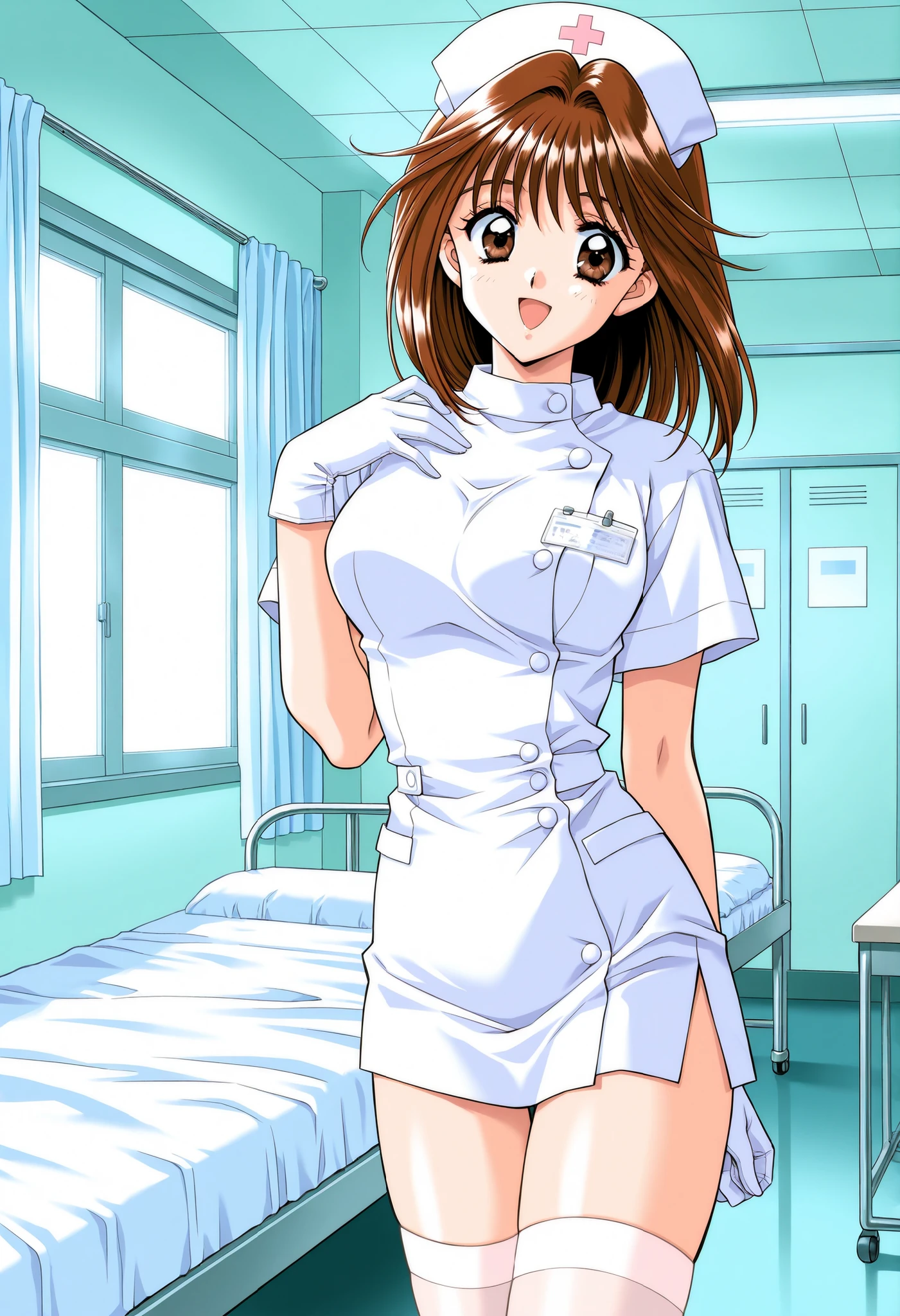 Score_9, score_8_up, score_7_up, source_anime, MochidaMahoko, solo, brown hair, brown eyes, medium hair, breasts, 1990s (style), kadoi aya style, (best quality), (high quality), {masterpiece}, extremely delicate and beautiful, ultra-detailed, beautiful detailed eyes, nurse, nurse hat, ((white nurse's outfit)), white gloves, white thighhighs, hospital room, smile, open mouth, standing